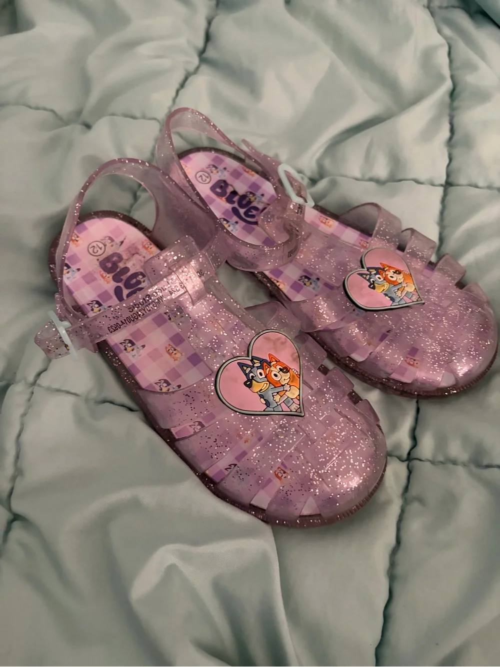 Kids Glitter Jelly Sandals in Purple with Heart Character Accent